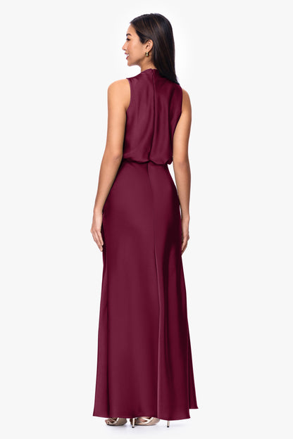 Petite "Colette" Satin Ruched Trim Dress - Wine | Betsy & Adam