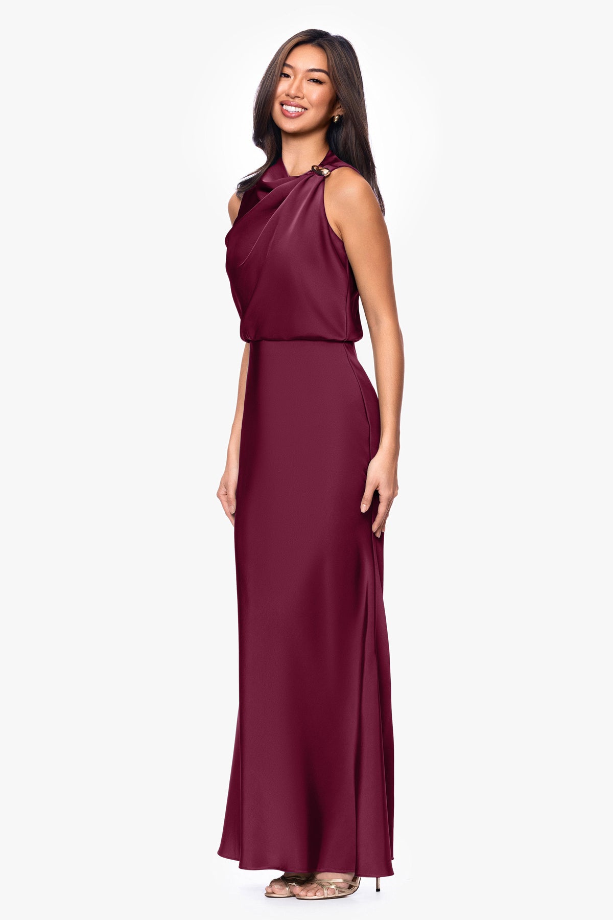 Petite "Colette" Satin Ruched Trim Dress - Wine | Betsy & Adam