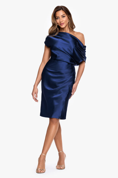 "Macy" Satin Off The Shoulder Ruched Short Dress - Navy | Betsy & Adam