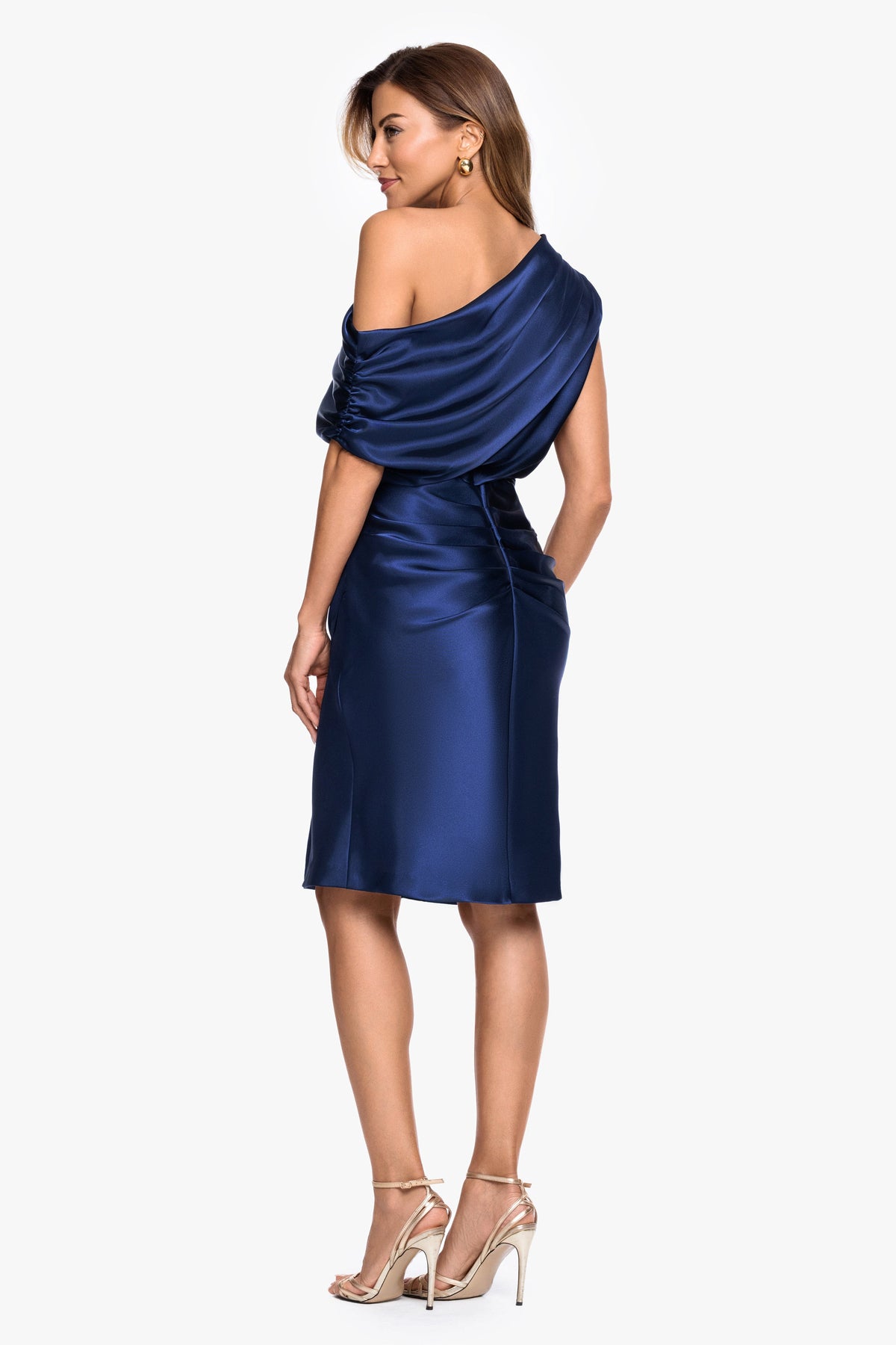 "Macy" Satin Off The Shoulder Ruched Short Dress - Navy | Betsy & Adam