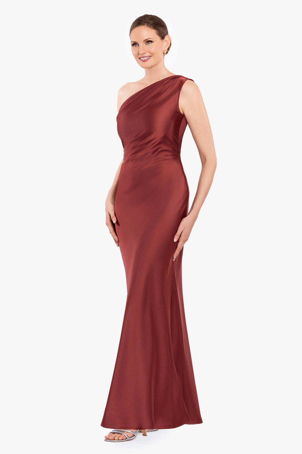 Petite "Magnolia" Satin One Shoulder Dress - Nutmeg | Betsy & Adam