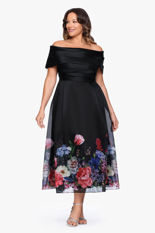Plus "Tabitha" Organza Print Off the Shoulder Midi Dress - Black/Red | Betsy & Adam