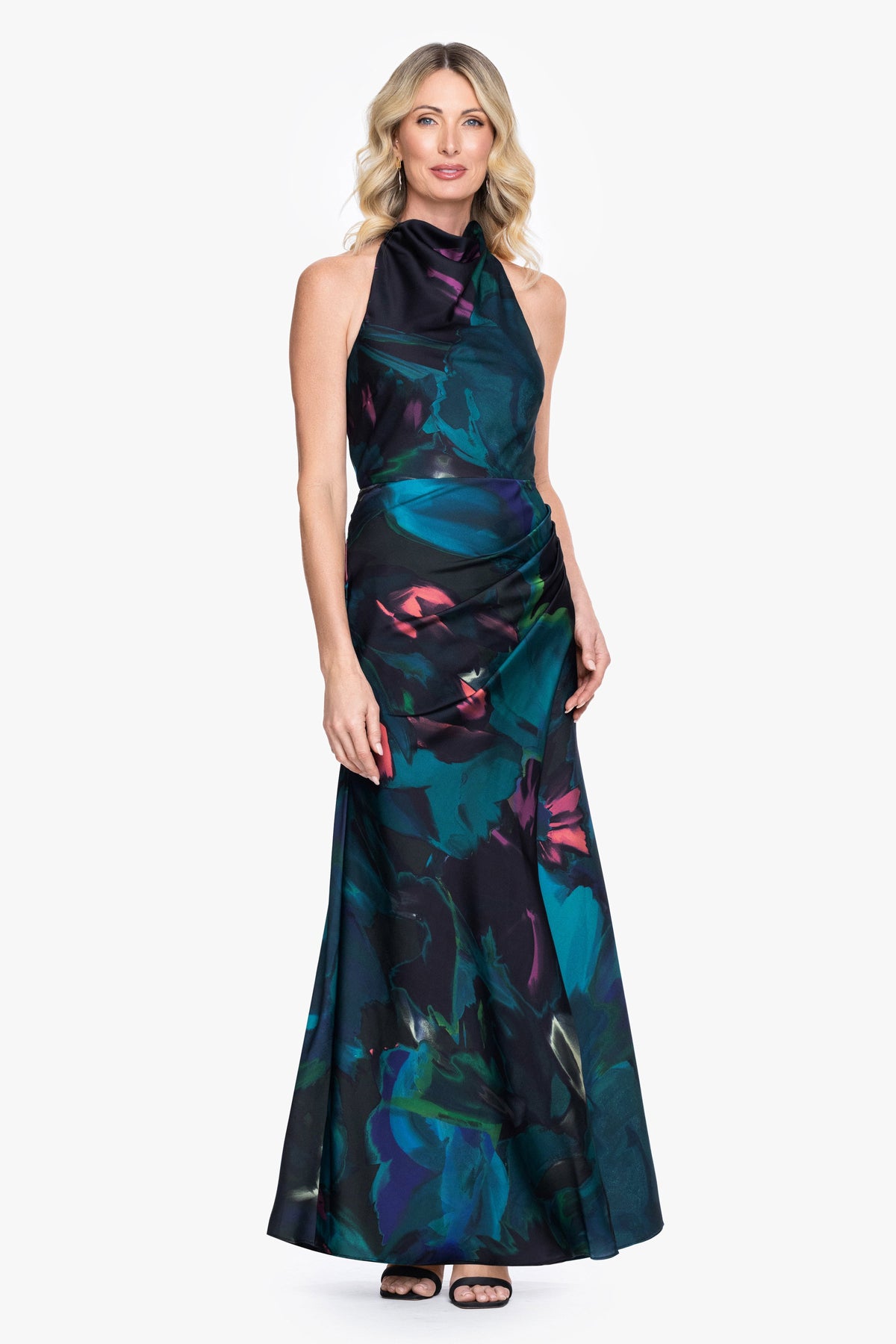 Petite "River" Printed Satin Halter Dress - Teal/Multi | Betsy & Adam