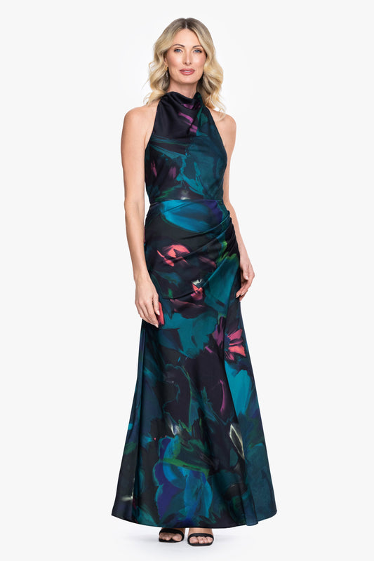 Petite "River" Printed Satin Halter Dress - Teal/Multi | Betsy & Adam