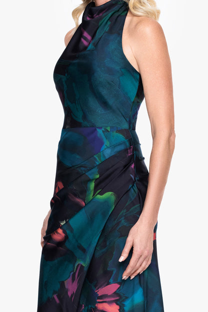 Petite "River" Printed Satin Halter Dress - Teal/Multi | Betsy & Adam