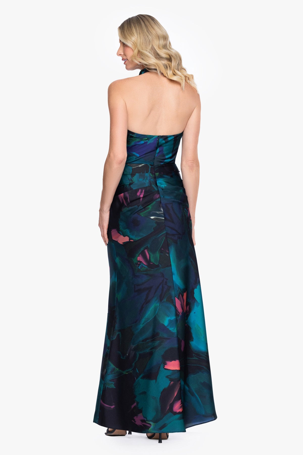 Petite "River" Printed Satin Halter Dress - Teal/Multi | Betsy & Adam