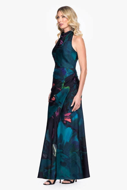 Petite "River" Printed Satin Halter Dress - Teal/Multi | Betsy & Adam