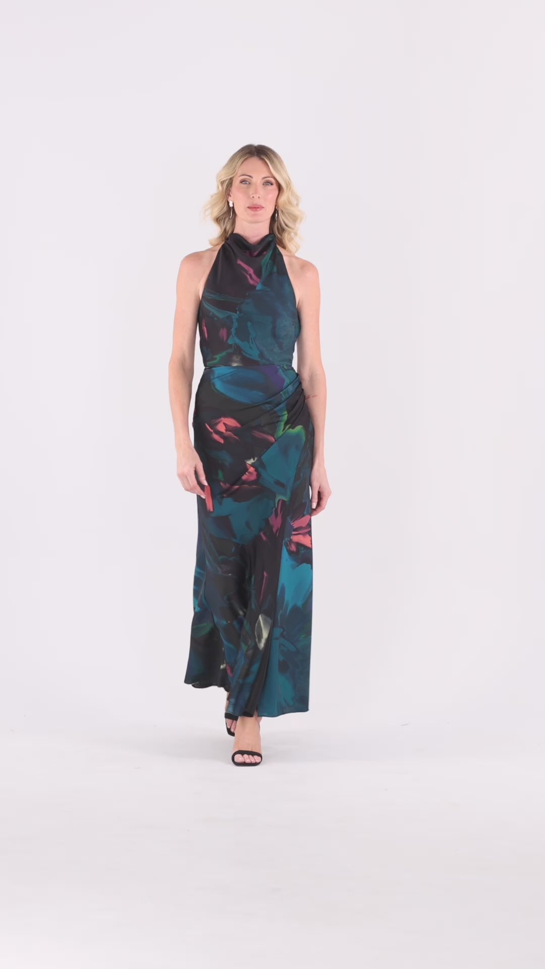 Petite "River" Printed Satin Halter Dress - Teal/Multi | Betsy & Adam