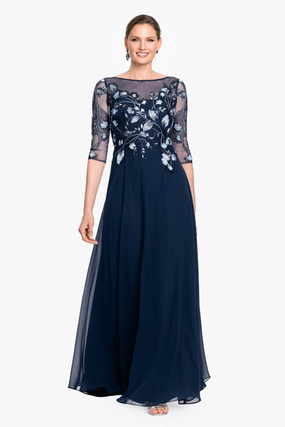 Petite "Isabella" Embroidered Chiffon Long Sleeve Dress - Blue/Multi | Betsy & Adam