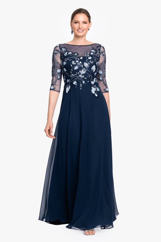 Petite "Isabella" Embroidered Chiffon Long Sleeve Dress - Blue/Multi | Betsy & Adam