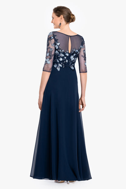 Petite "Isabella" Embroidered Chiffon Long Sleeve Dress - Blue/Multi | Betsy & Adam