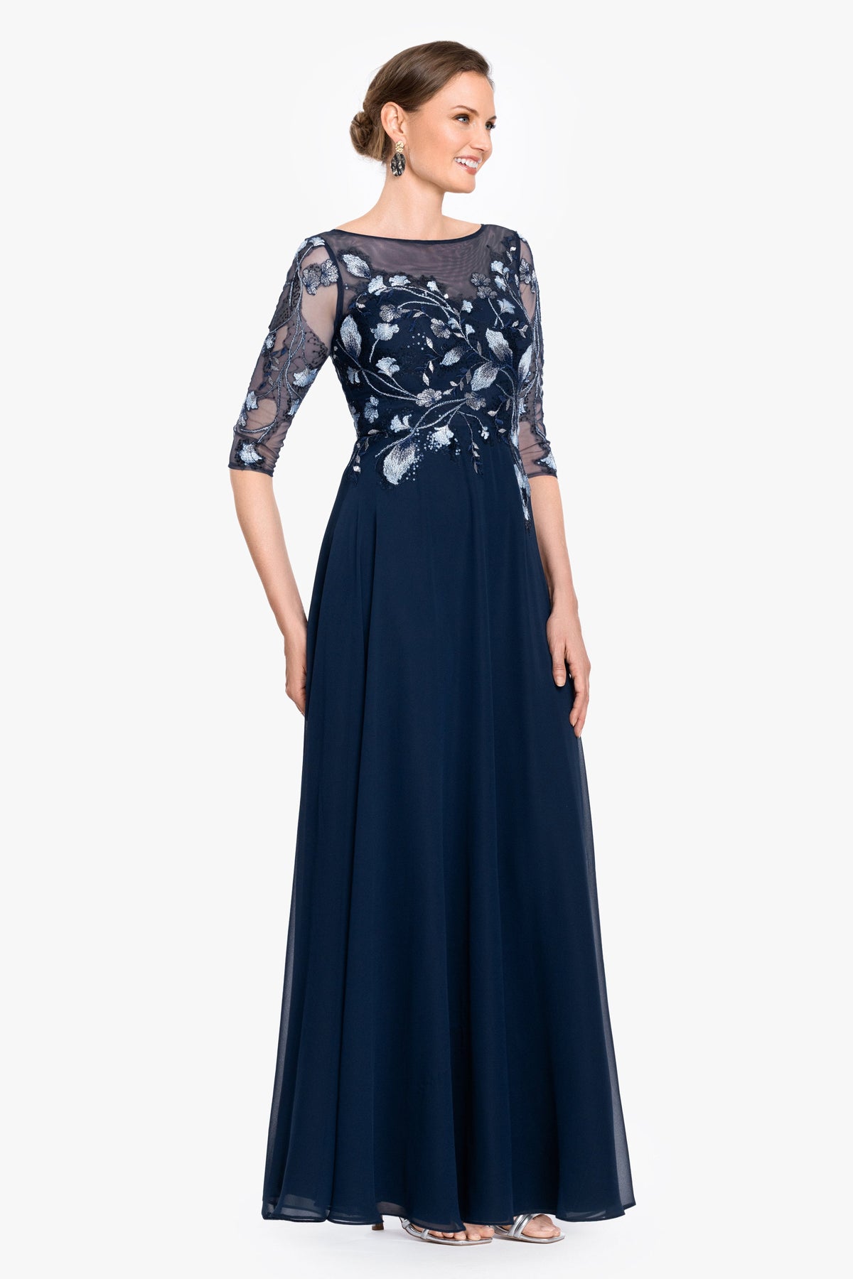 Petite "Isabella" Embroidered Chiffon Long Sleeve Dress - Blue/Multi | Betsy & Adam