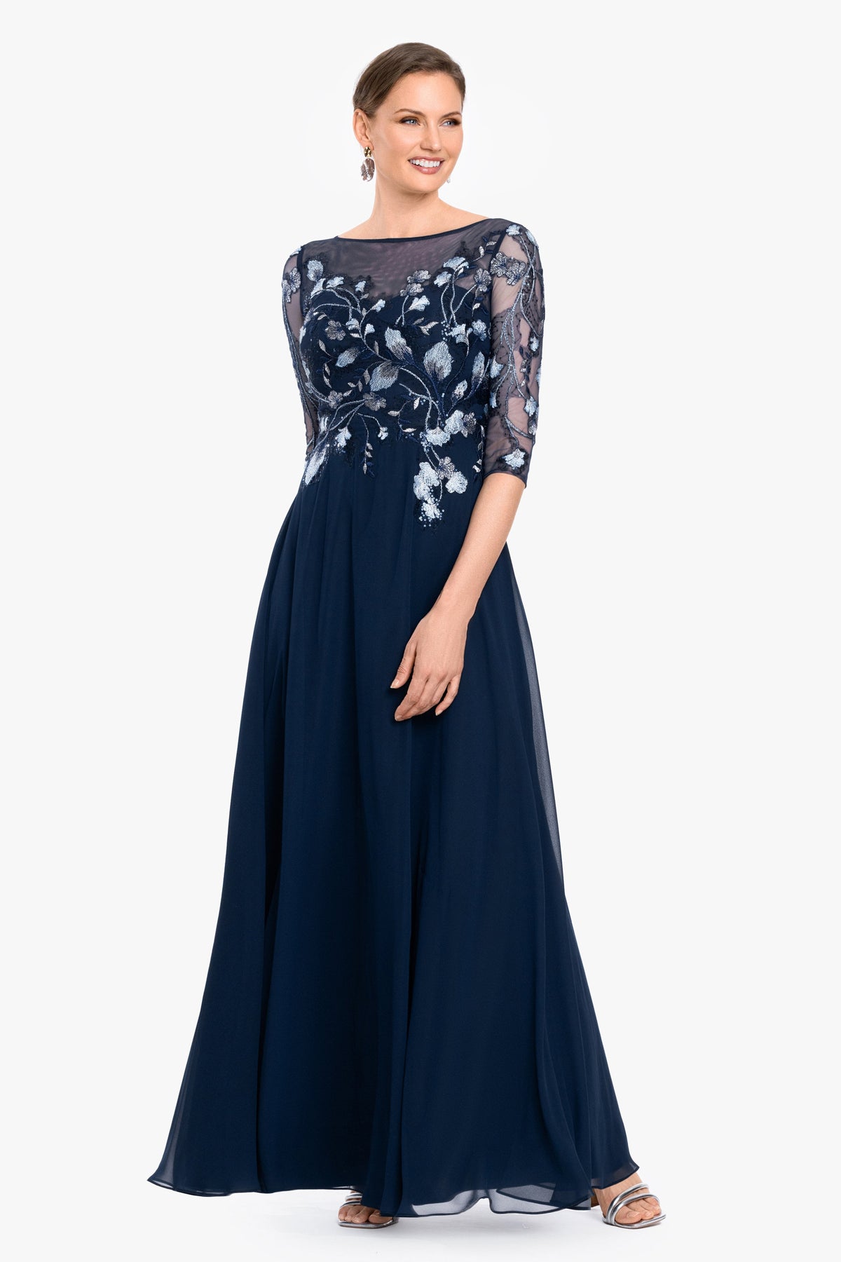 Petite "Isabella" Embroidered Chiffon Long Sleeve Dress - Blue/Multi | Betsy & Adam