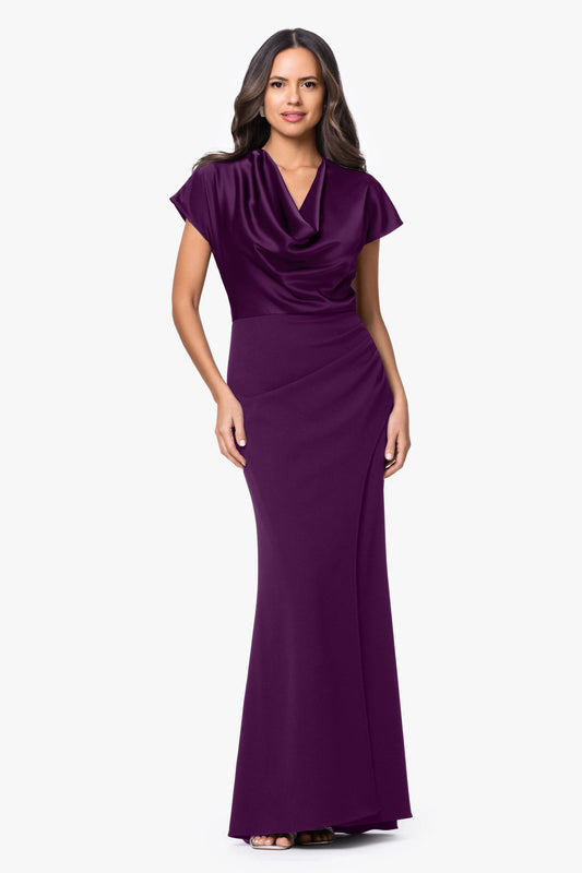 "Rinna" Scuba Crepe & Satin Cowl Neck Dress - Plum | Betsy & Adam