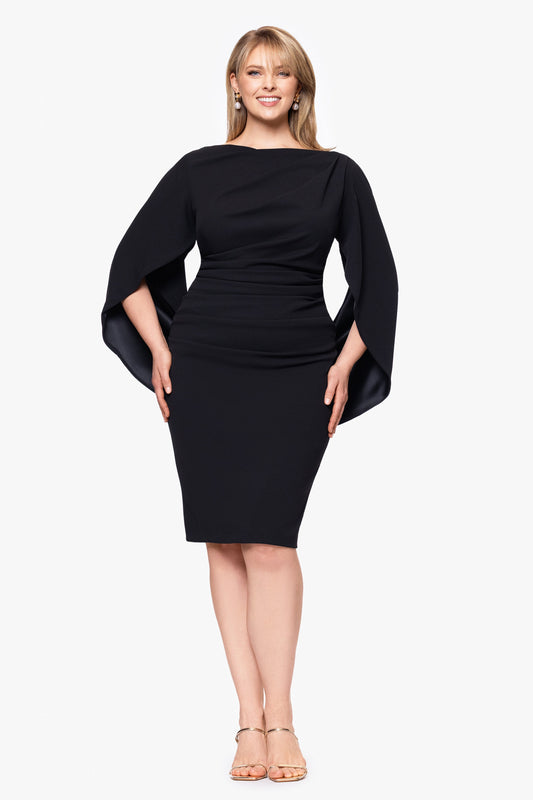 Plus "Jordan" Scuba Crepe Draped Back Short Dress - Black | Betsy & Adam