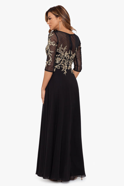 "Brooklyn" Chiffon Embroidery 3/4 Sleeve Dress - Black/Gold | Betsy & Adam