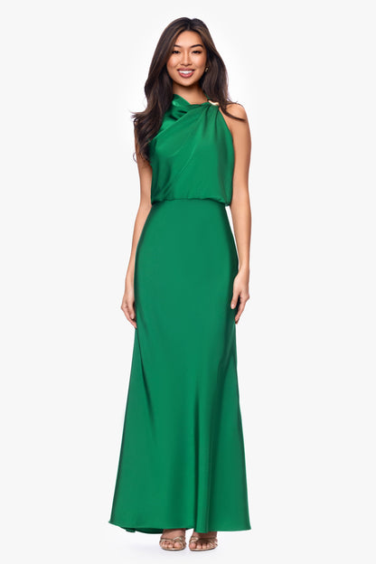 "Colette" Satin Ruched Trim Dress - Emerald | Betsy & Adam