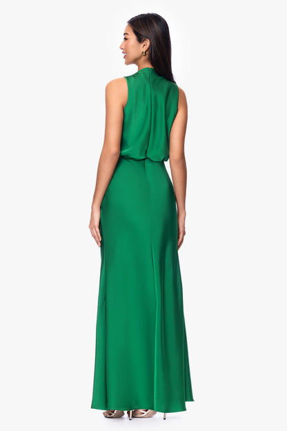 "Colette" Satin Ruched Trim Dress - Emerald | Betsy & Adam