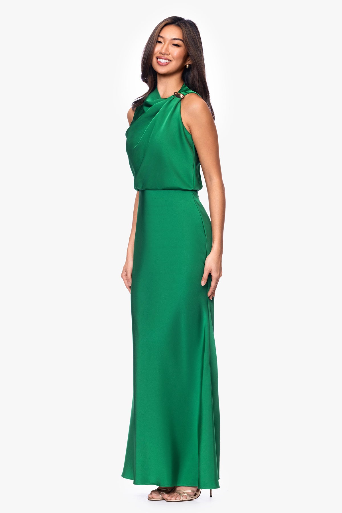 "Colette" Satin Ruched Trim Dress - Emerald | Betsy & Adam