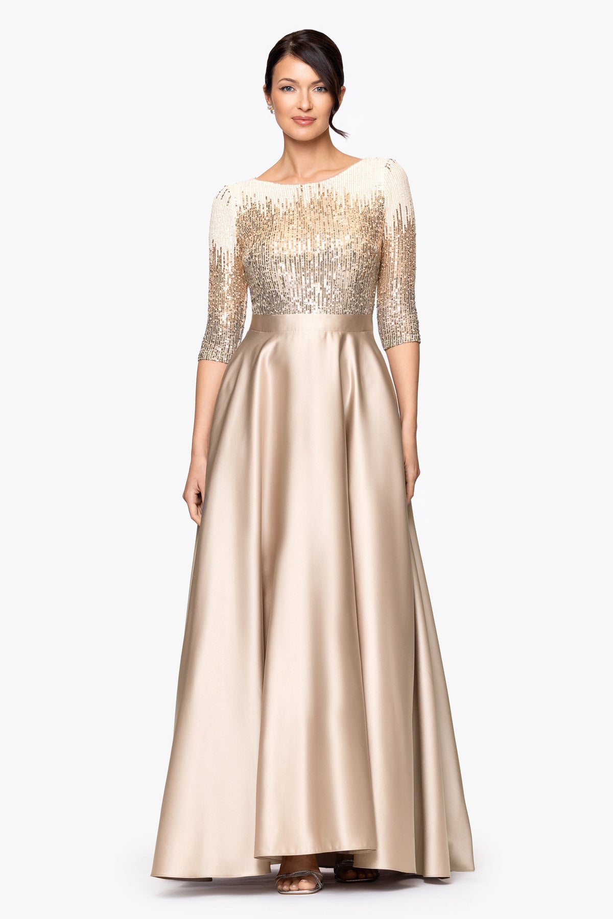 Petite "Quinn" Embellished Sequin Ballgown - Mocha | Betsy & Adam