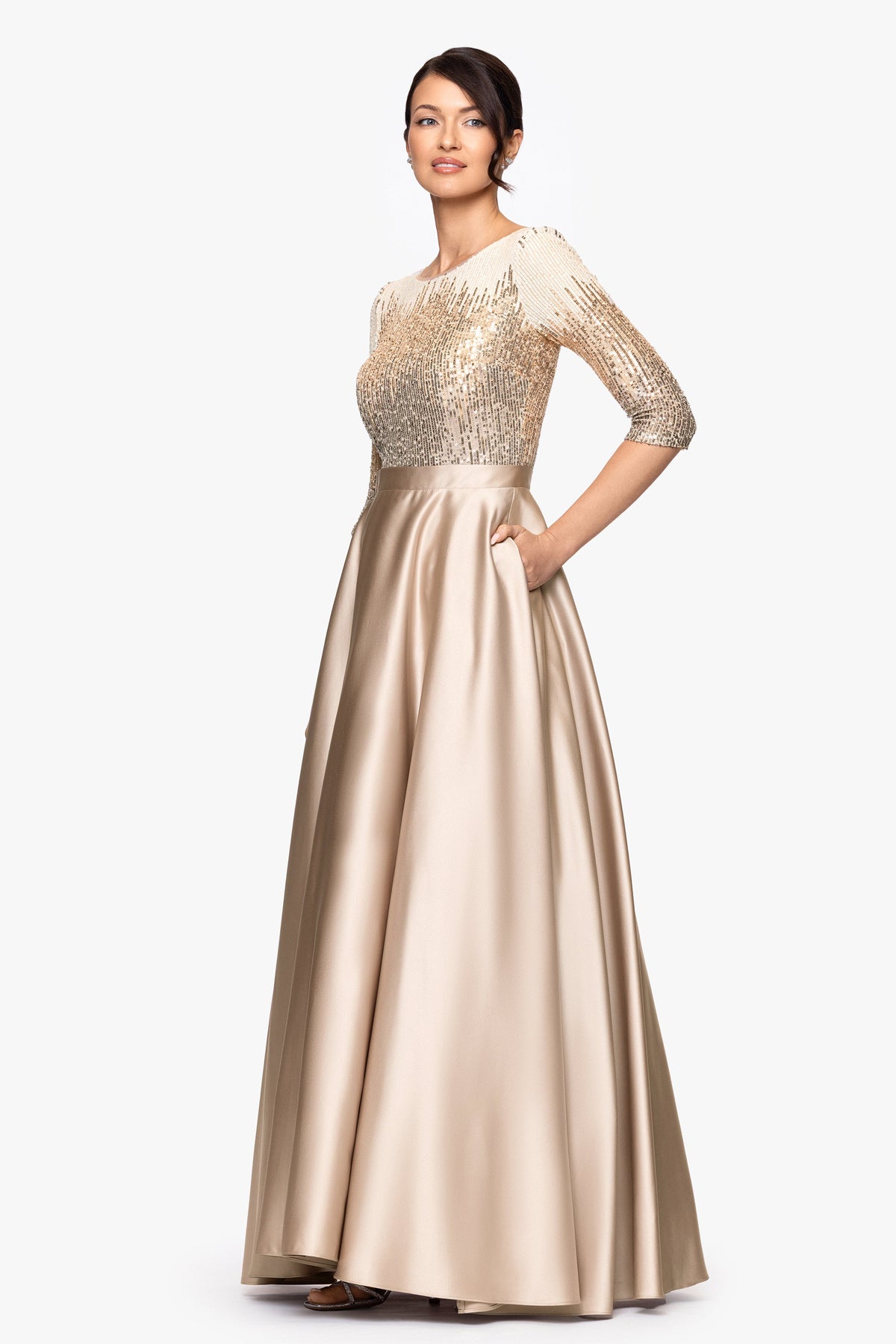 Petite "Quinn" Embellished Sequin Ballgown - Mocha | Betsy & Adam