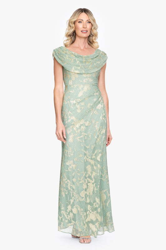 "Vivian" Metallic Drape Neck Dress - Sage/Gold | Betsy & Adam