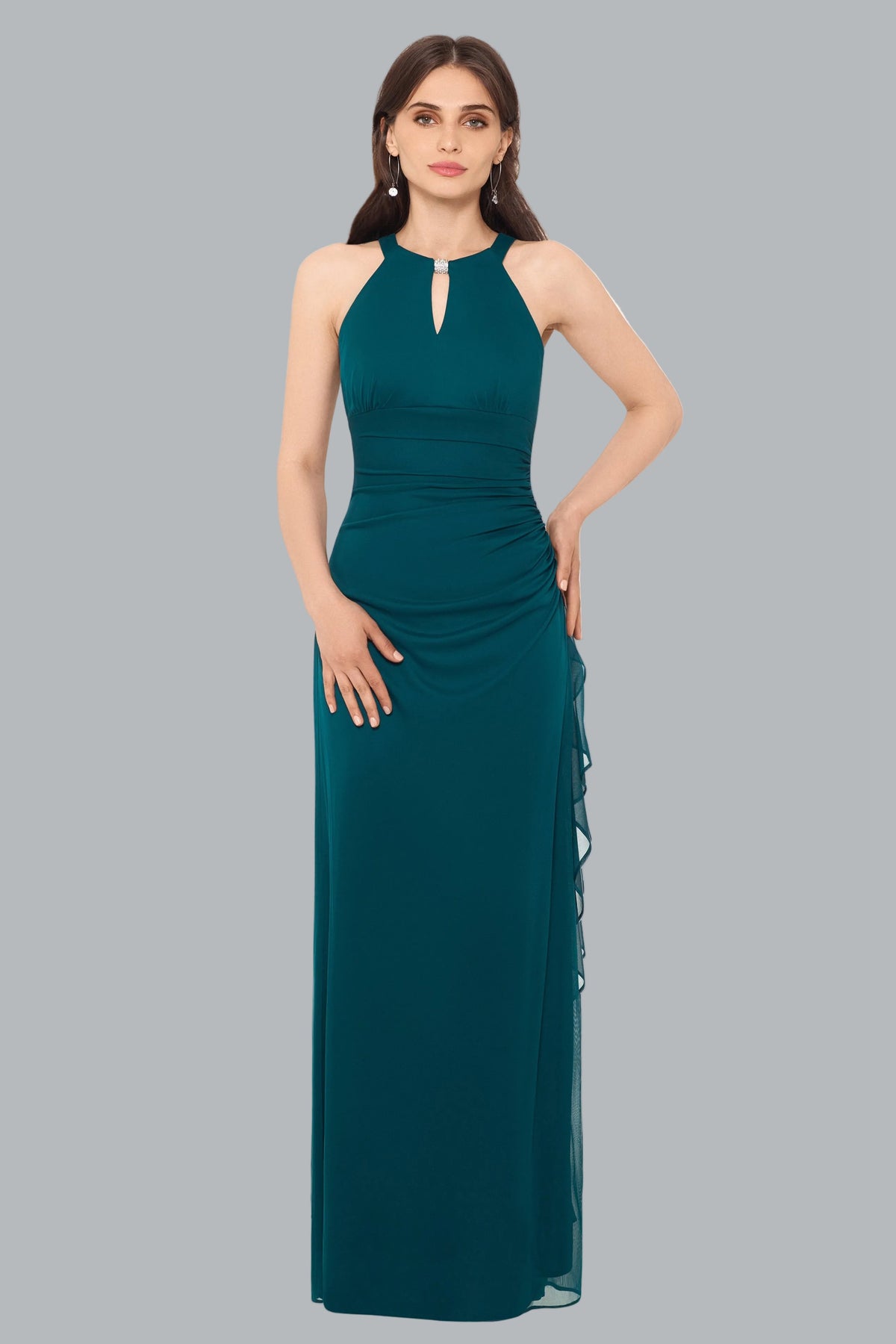Petite “Petra” Sheer Matte Jersey Knit Key Hole Dress - Emerald | Betsy & Adam