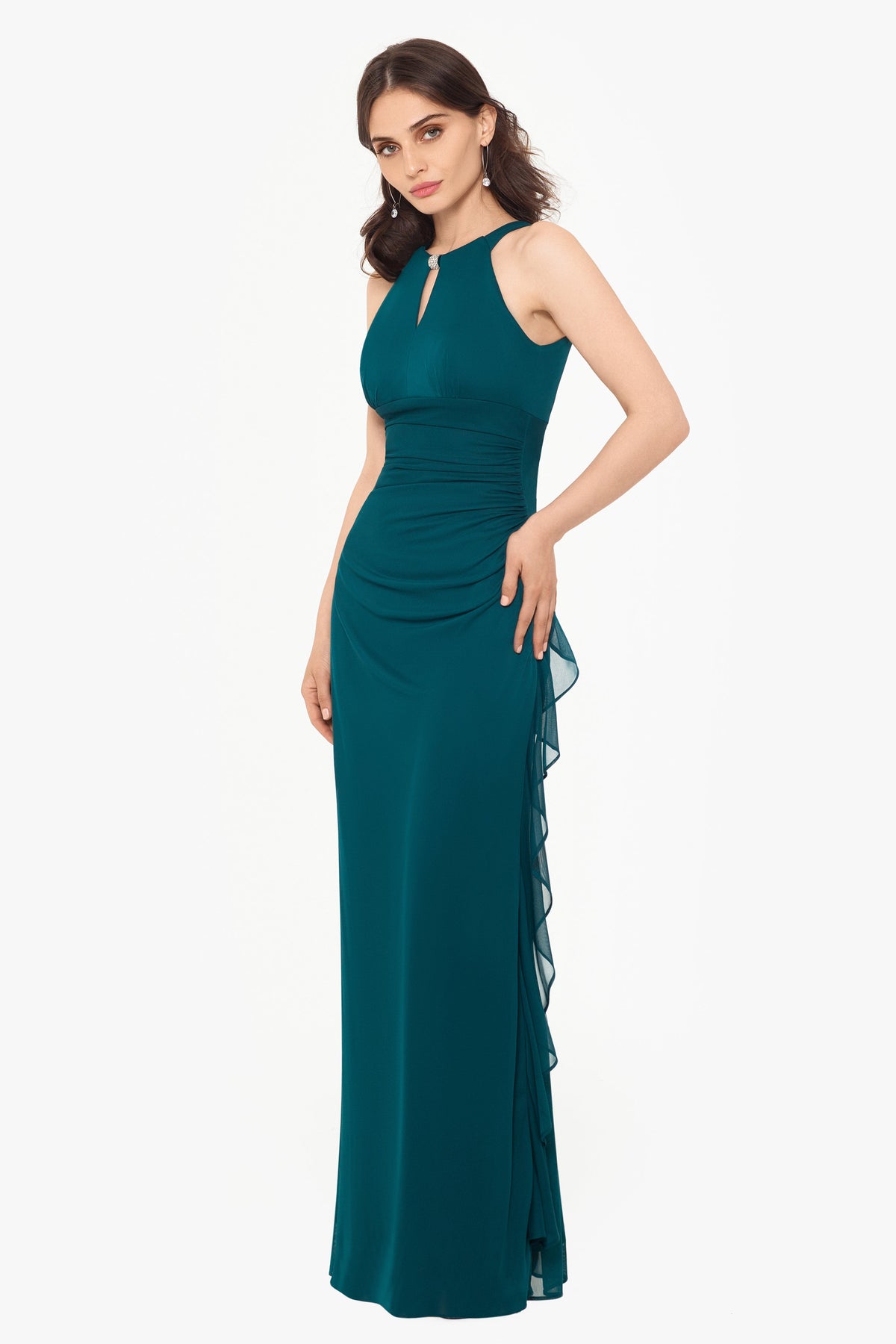 Petite “Petra” Sheer Matte Jersey Knit Key Hole Dress - Emerald | Betsy & Adam