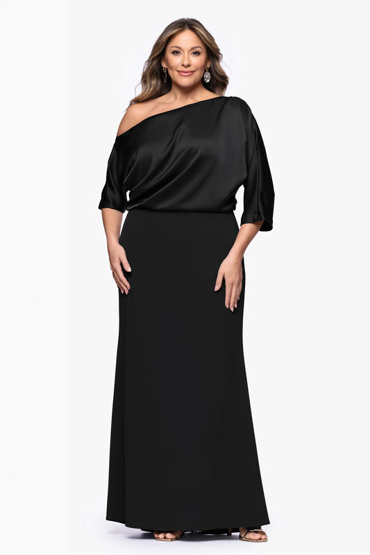 Plus "Ana" Scuba Crepe & Satin Drop Shoulder Dress - Black | Betsy & Adam