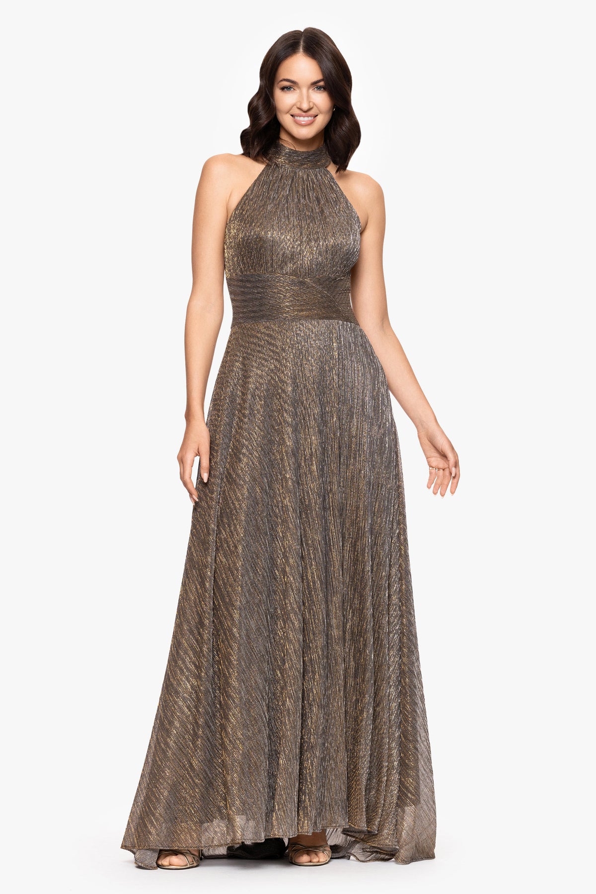"Stella" Metallic Halter Wrap Skirt Dress - Mocha/Gold | Betsy & Adam