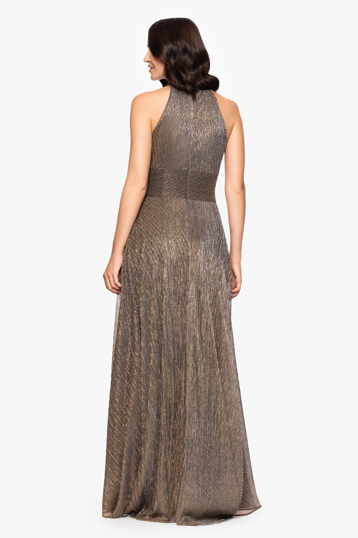 "Stella" Metallic Halter Wrap Skirt Dress - Mocha/Gold | Betsy & Adam