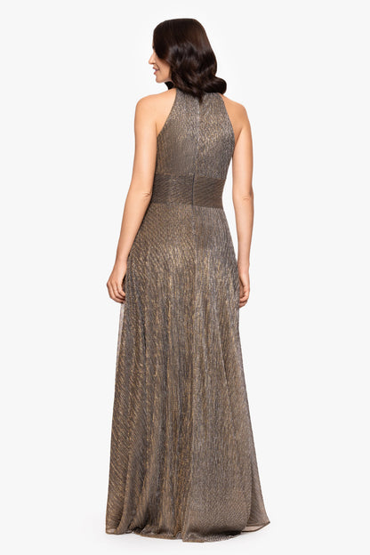 "Stella" Metallic Halter Wrap Skirt Dress - Mocha/Gold | Betsy & Adam