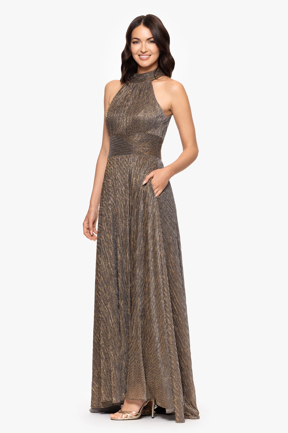 "Stella" Metallic Halter Wrap Skirt Dress - Mocha/Gold | Betsy & Adam