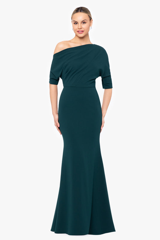 “Madeline” Scuba Crepe Off The Shoulder Dress - Pine | Betsy & Adam