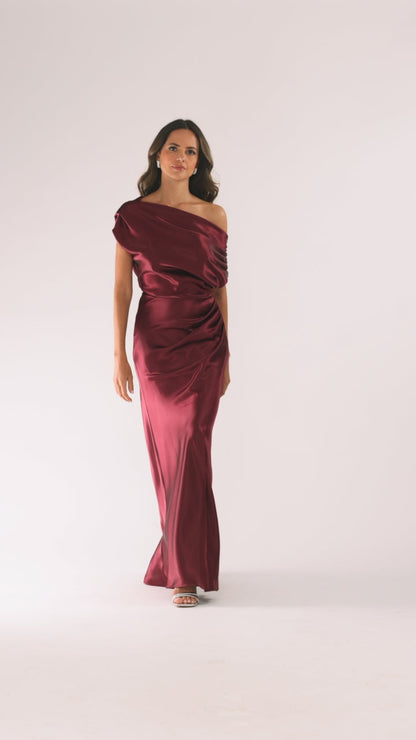 "Sofia" Satin Drop Shoulder Dress - Burgundy | Betsy & Adam