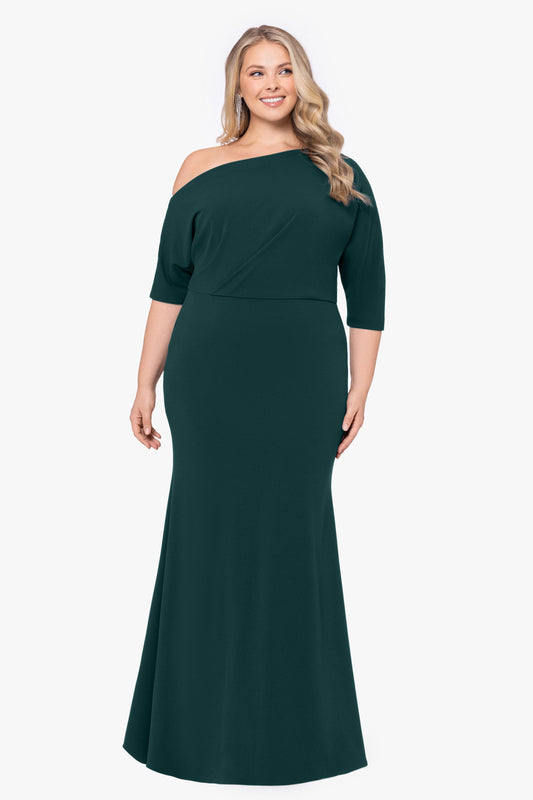 Plus “Madeline” Scuba Crepe Off The Shoulder Dress - Pine | Betsy & Adam