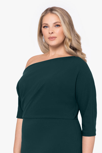 Plus “Madeline” Scuba Crepe Off The Shoulder Dress - Pine | Betsy & Adam