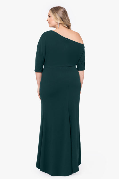 Plus “Madeline” Scuba Crepe Off The Shoulder Dress - Pine | Betsy & Adam