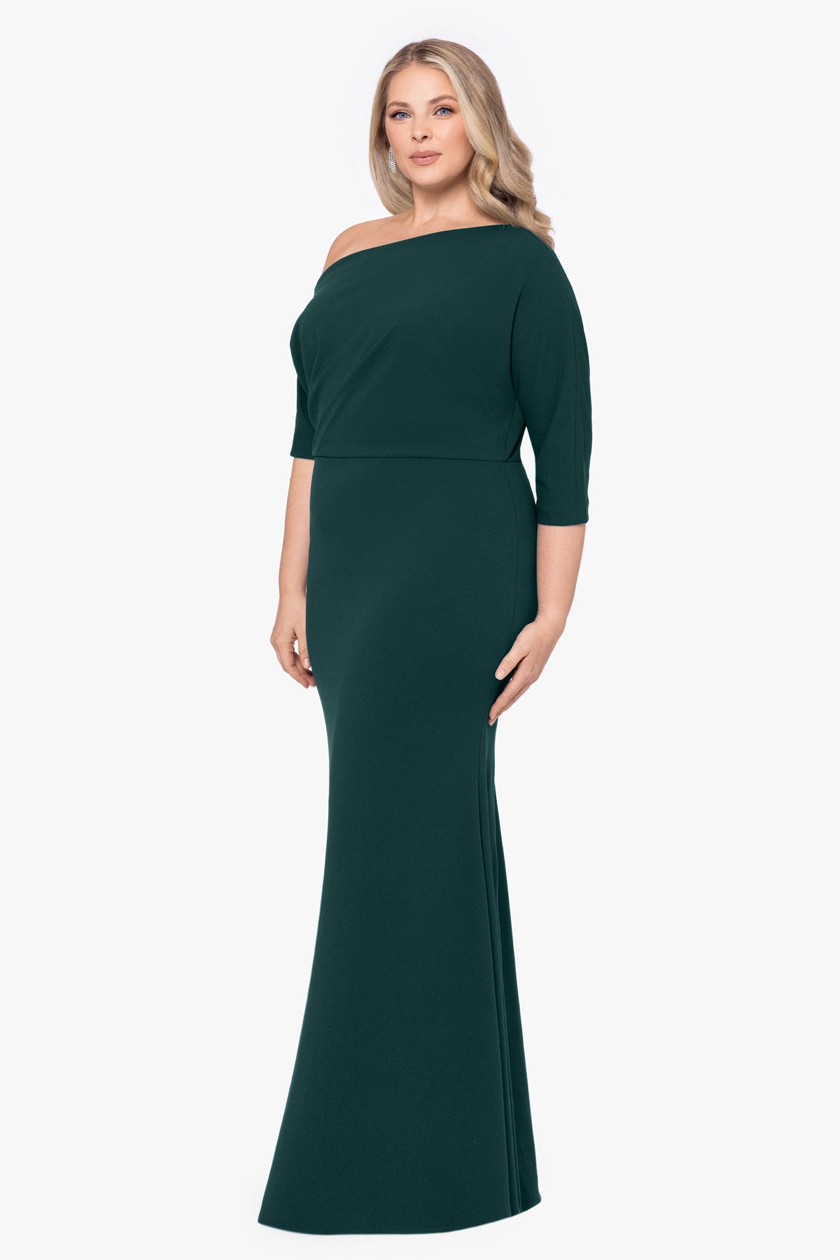 Plus “Madeline” Scuba Crepe Off The Shoulder Dress - Pine | Betsy & Adam