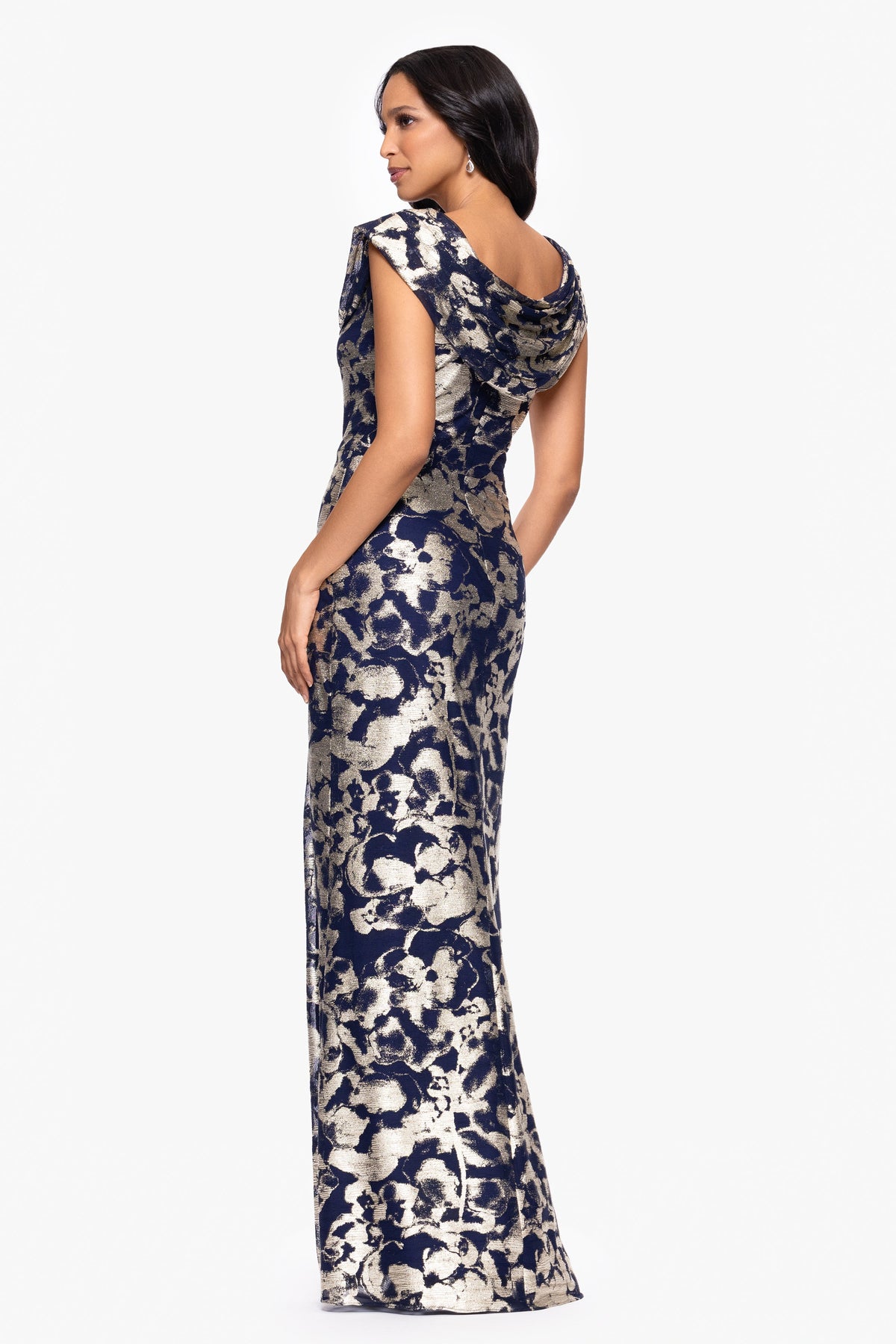"Bianca" Metallic Cowl Neck Dress - Navy/Gold | Betsy & Adam