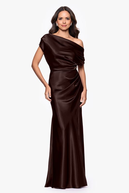 "Sofia" Satin Drop Shoulder Dress - Brown | Betsy & Adam