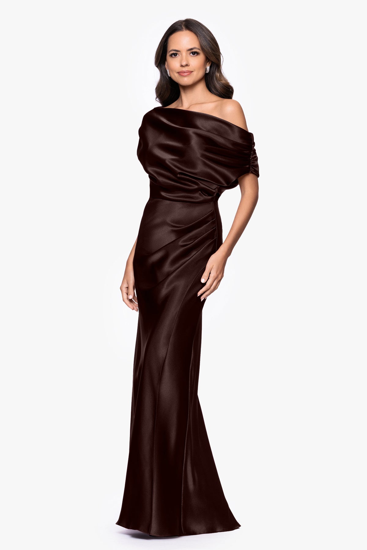 "Sofia" Satin Drop Shoulder Dress - Brown | Betsy & Adam