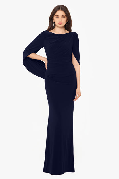 “Miriam” Jersey Knit Draped Back Dress - Navy | Betsy & Adam