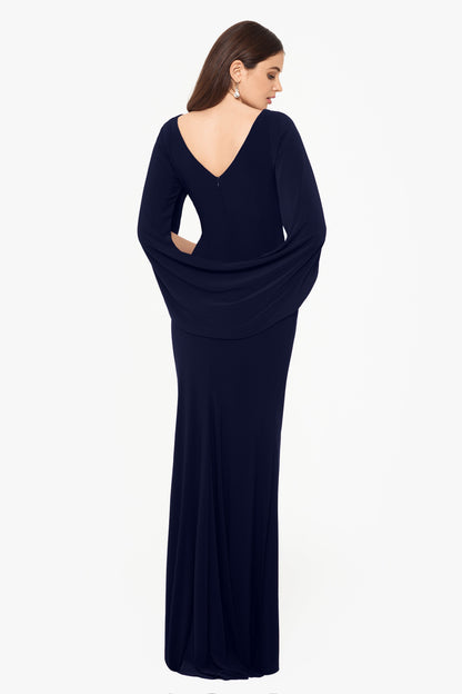 “Miriam” Jersey Knit Draped Back Dress - Navy | Betsy & Adam