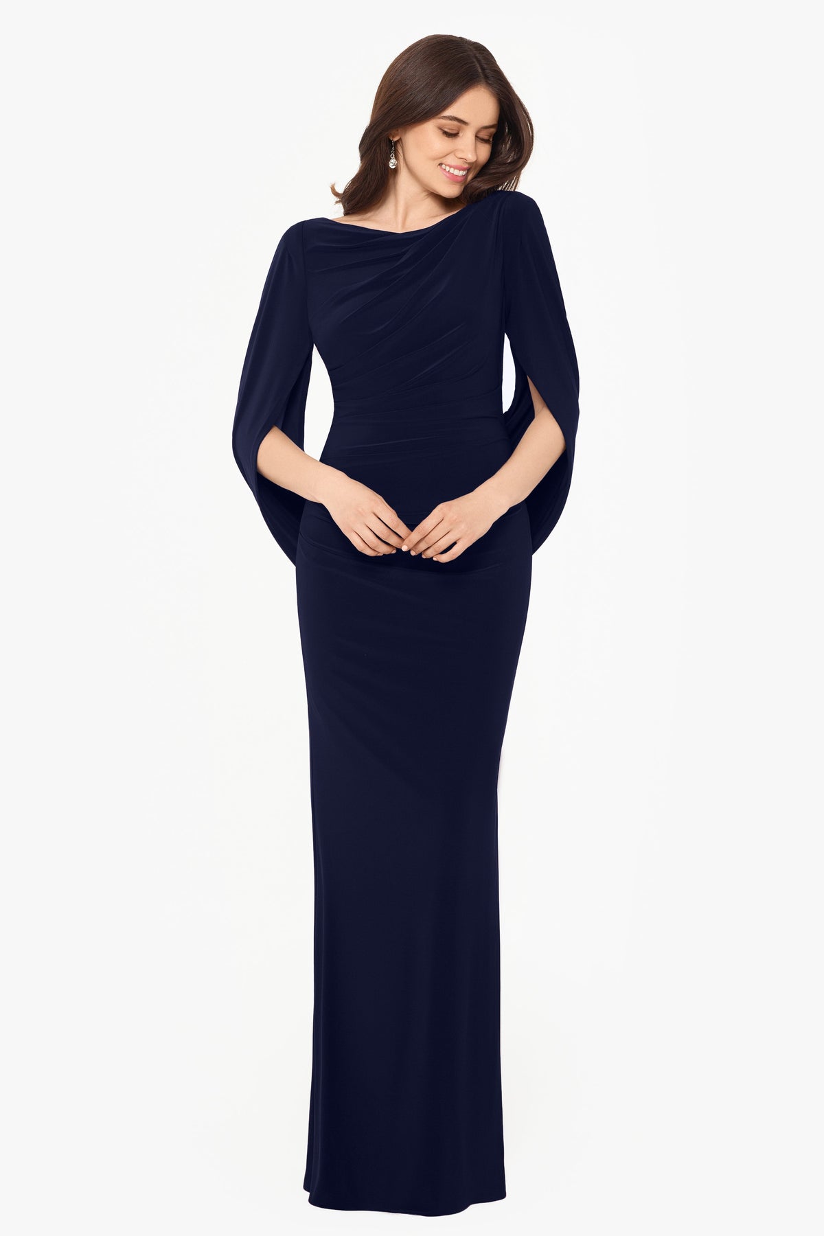 “Miriam” Jersey Knit Draped Back Dress - Navy | Betsy & Adam