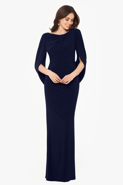 “Miriam” Jersey Knit Draped Back Dress - Navy | Betsy & Adam