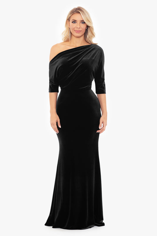"Arya" Velvet Drop Off The Shoulder Dress - Black | Betsy & Adam