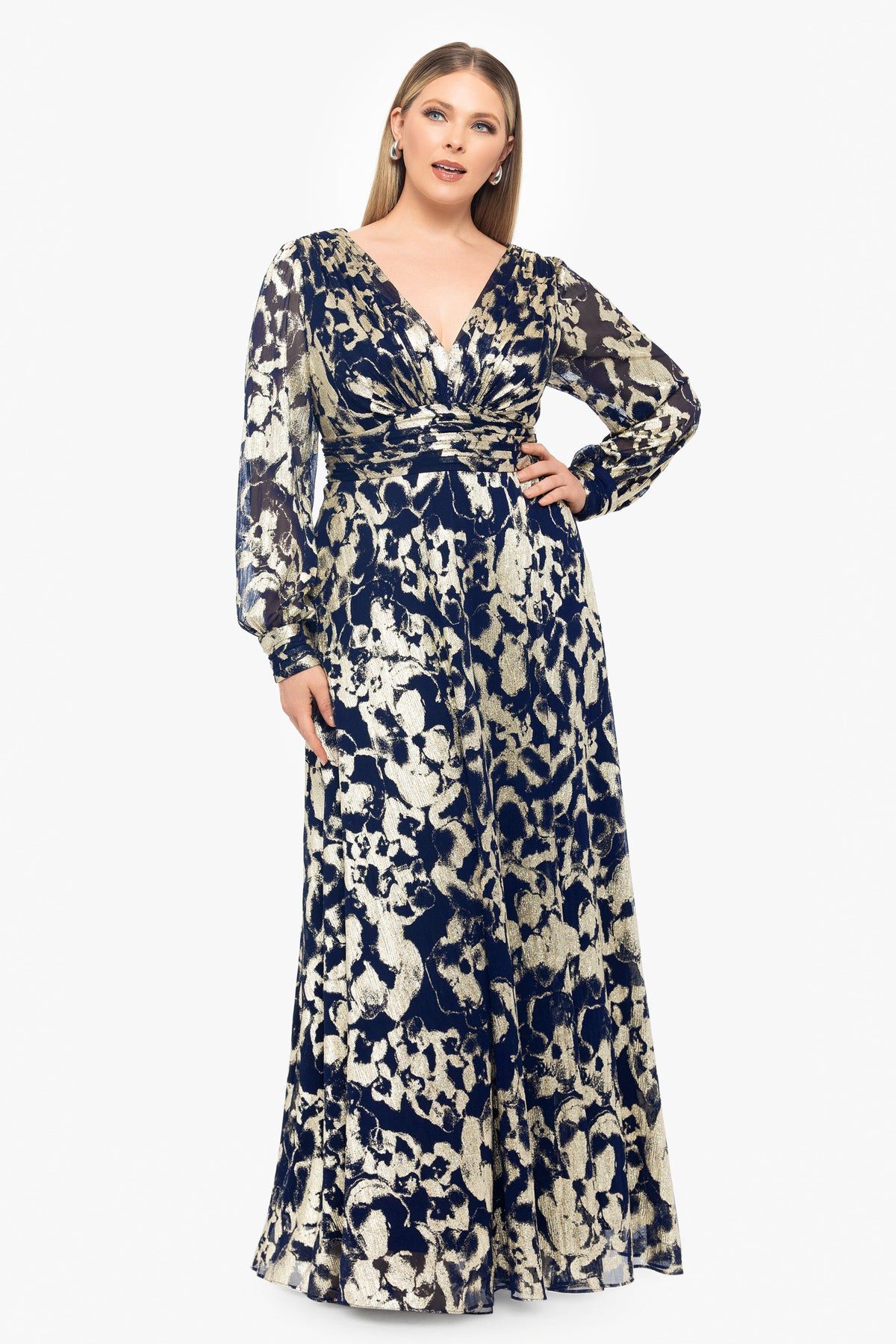 Plus "Annabelle" Metallic Foil Long Mesh Sleeve Dress - Navy/Gold | Betsy & Adam