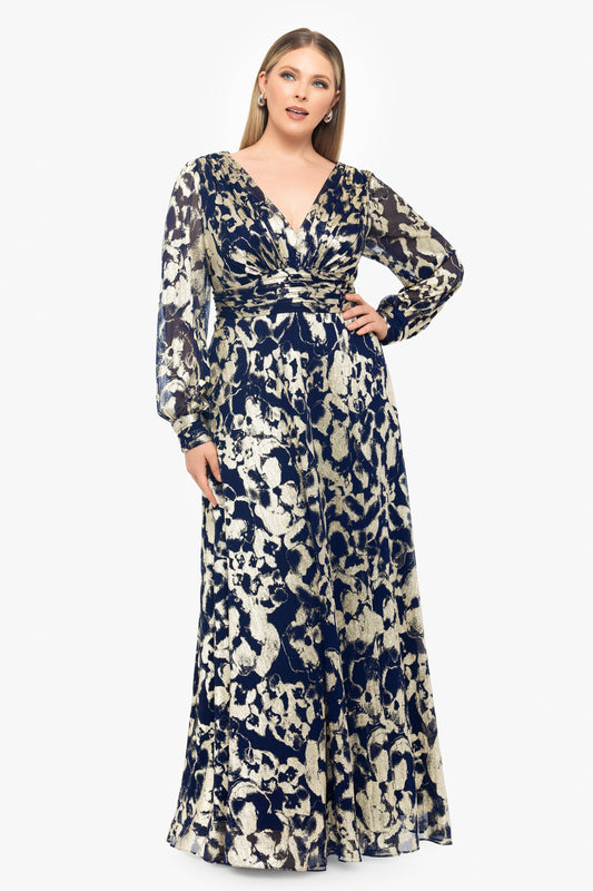 Plus "Annabelle" Metallic Foil Long Mesh Sleeve Dress - Navy/Gold | Betsy & Adam