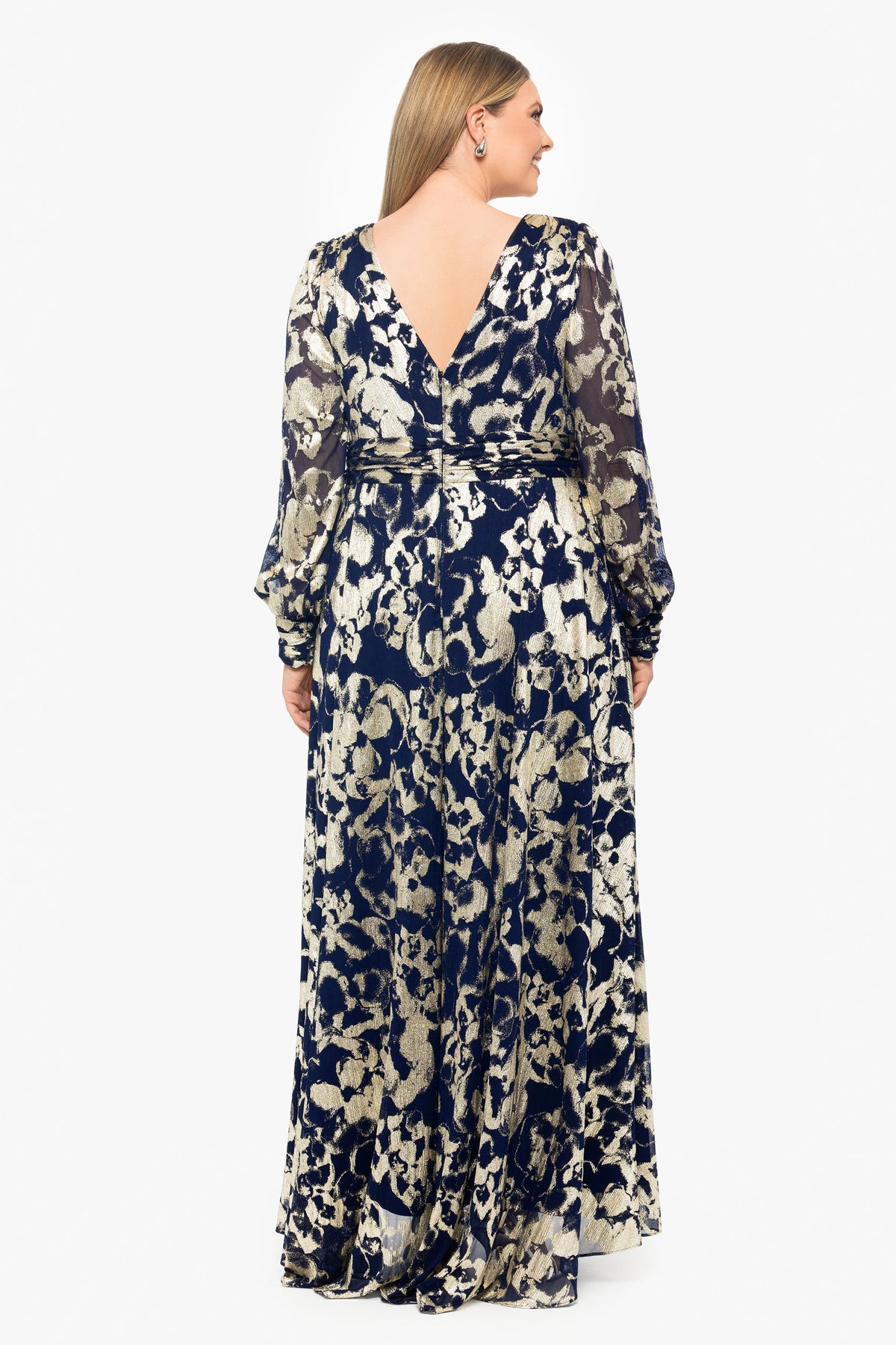 Plus "Annabelle" Metallic Foil Long Mesh Sleeve Dress - Navy/Gold | Betsy & Adam